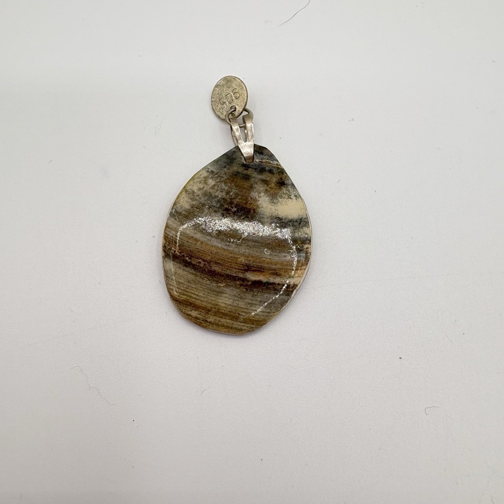 Low Tide Sterling Silver Pendant Polished Petrified Wood Cabochon Signed‎